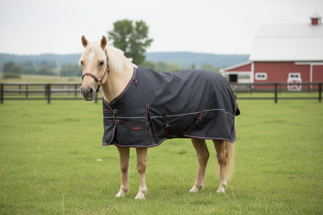 100 g pony turnout blanket in a grass pasture
