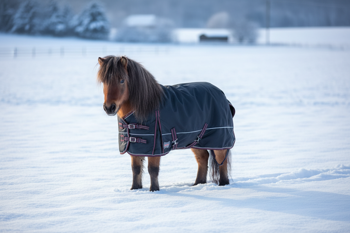 Mini horse wearing a 400 g turnout blanket in a snowy field