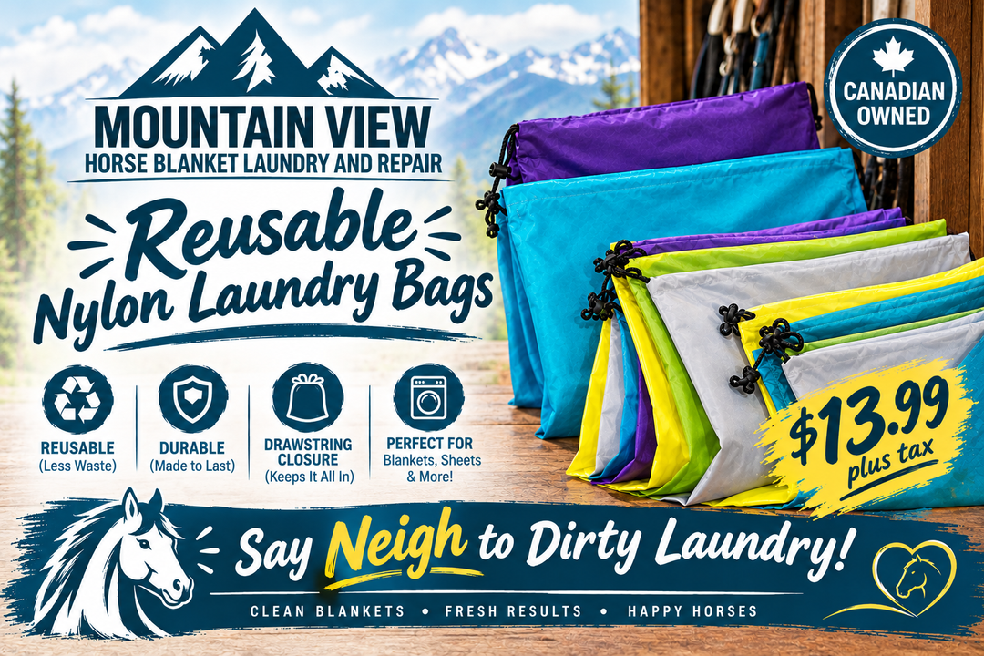 Mountain View reusable nylon laundry bags with drawstring closures, advertised at $13.99 plus tax.