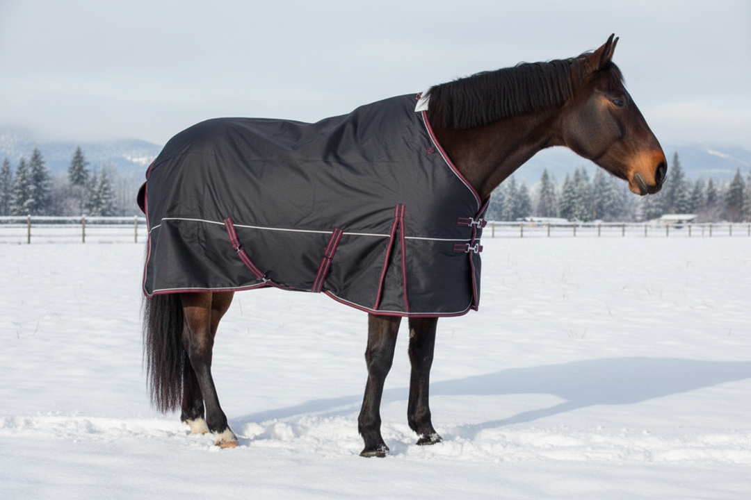 Horse wearing a 400 g turnout blanket in a snowy field